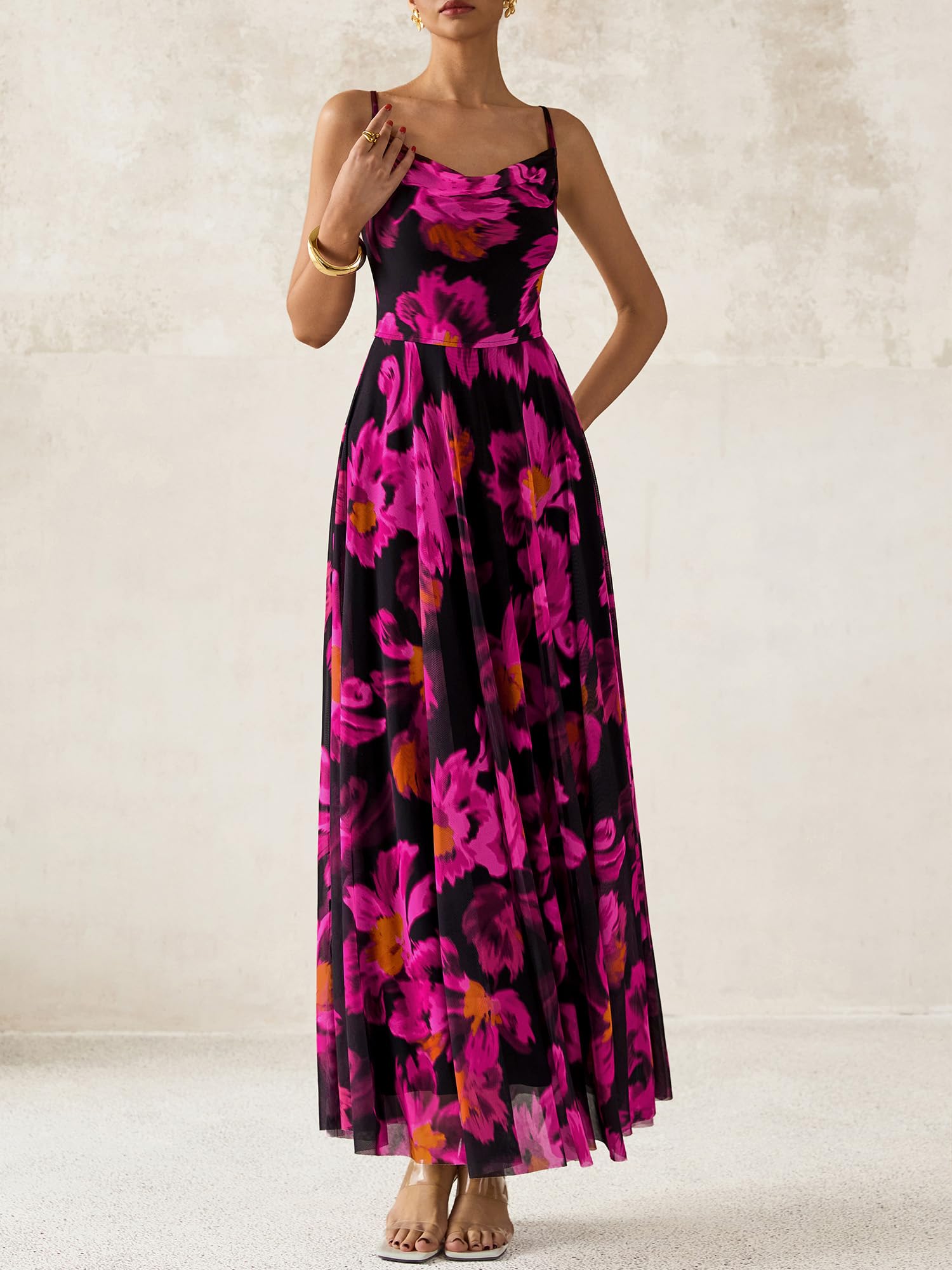BTFBM Women Summer Floral Maxi Dresses Elegant Spaghetti Strap Dress Printed Party Dress Beach Long Dresses(Floral Black Rose Red,Large)