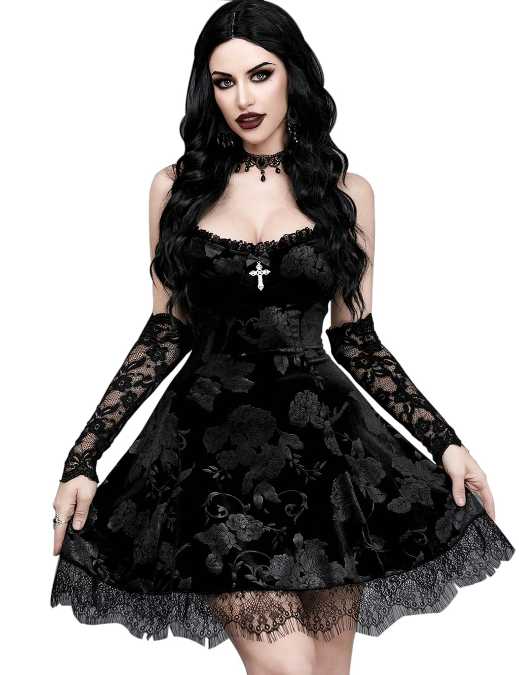 InGoticos Women Gothic Sexy Mini Lace Patchwork Cross Velvet Slip Goth Dress Without Choker for Halloween Black