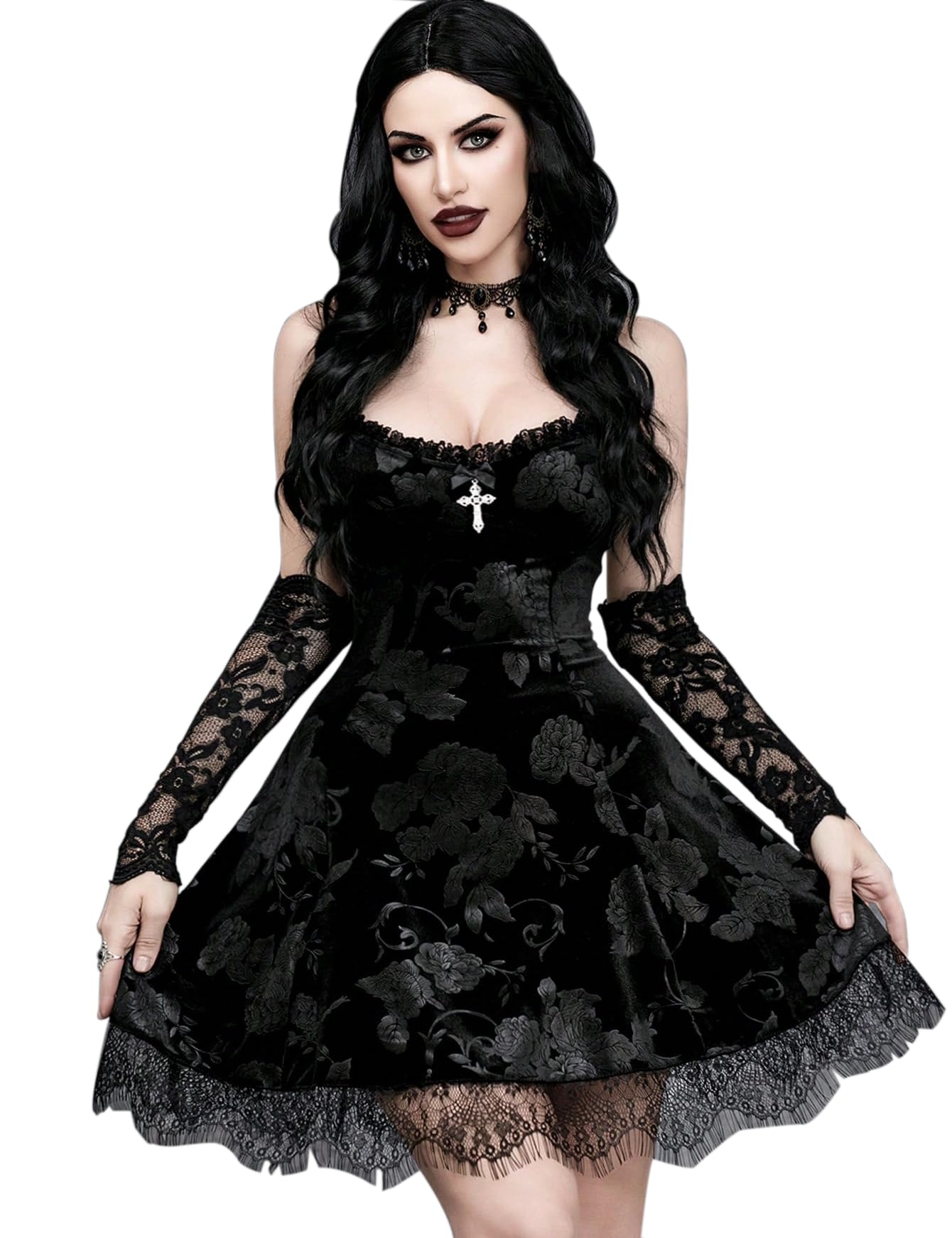 InGoticos Women Gothic Sexy Mini Lace Patchwork Cross Velvet Slip Goth Dress Without Choker for Halloween Black