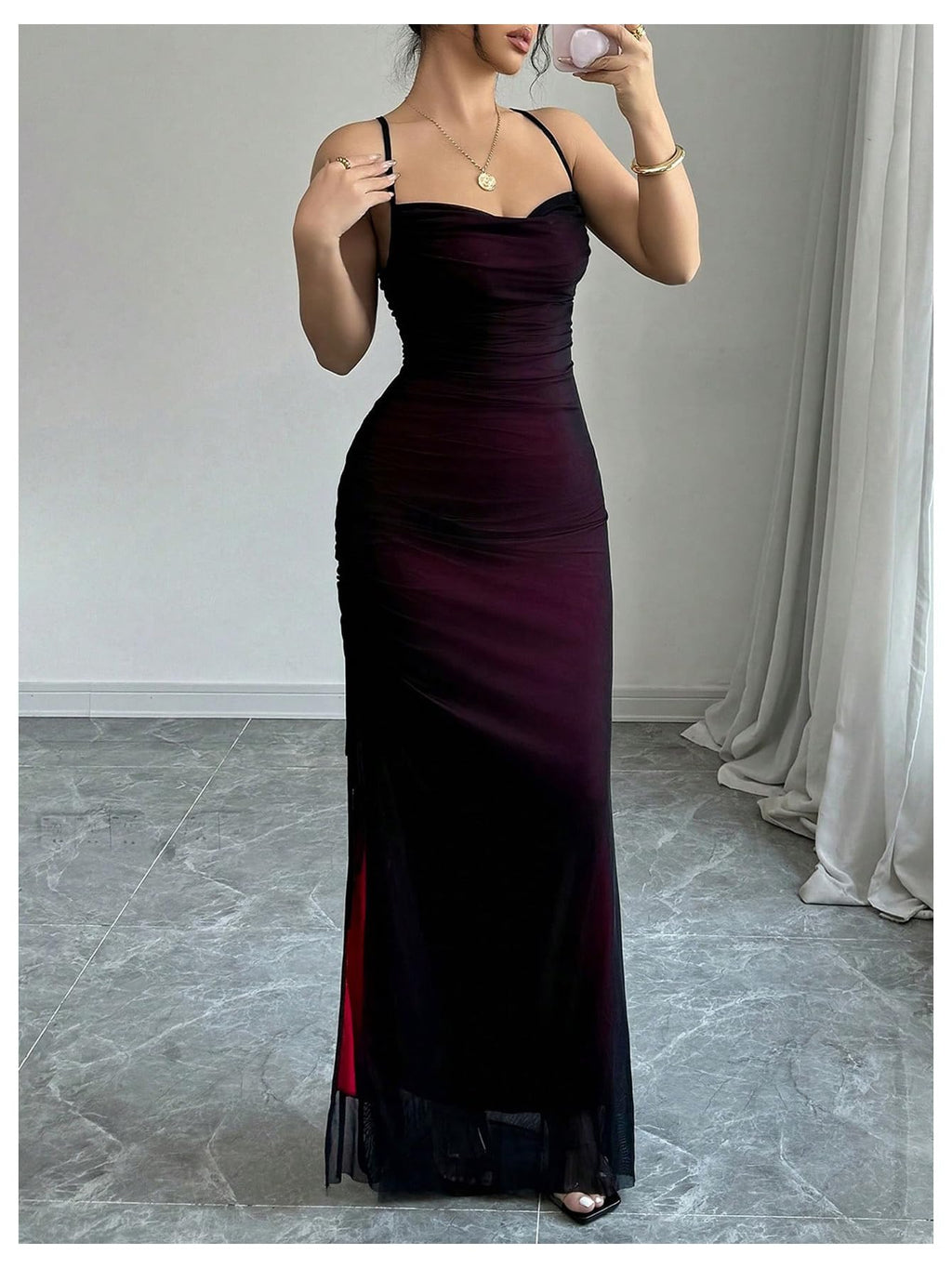 GORGLITTER Women's Mesh Maxi Dress Backless Wedding Guest Dress Ruched Drawstring Bodycon Cami Party Cocktail Dresses Purple Small