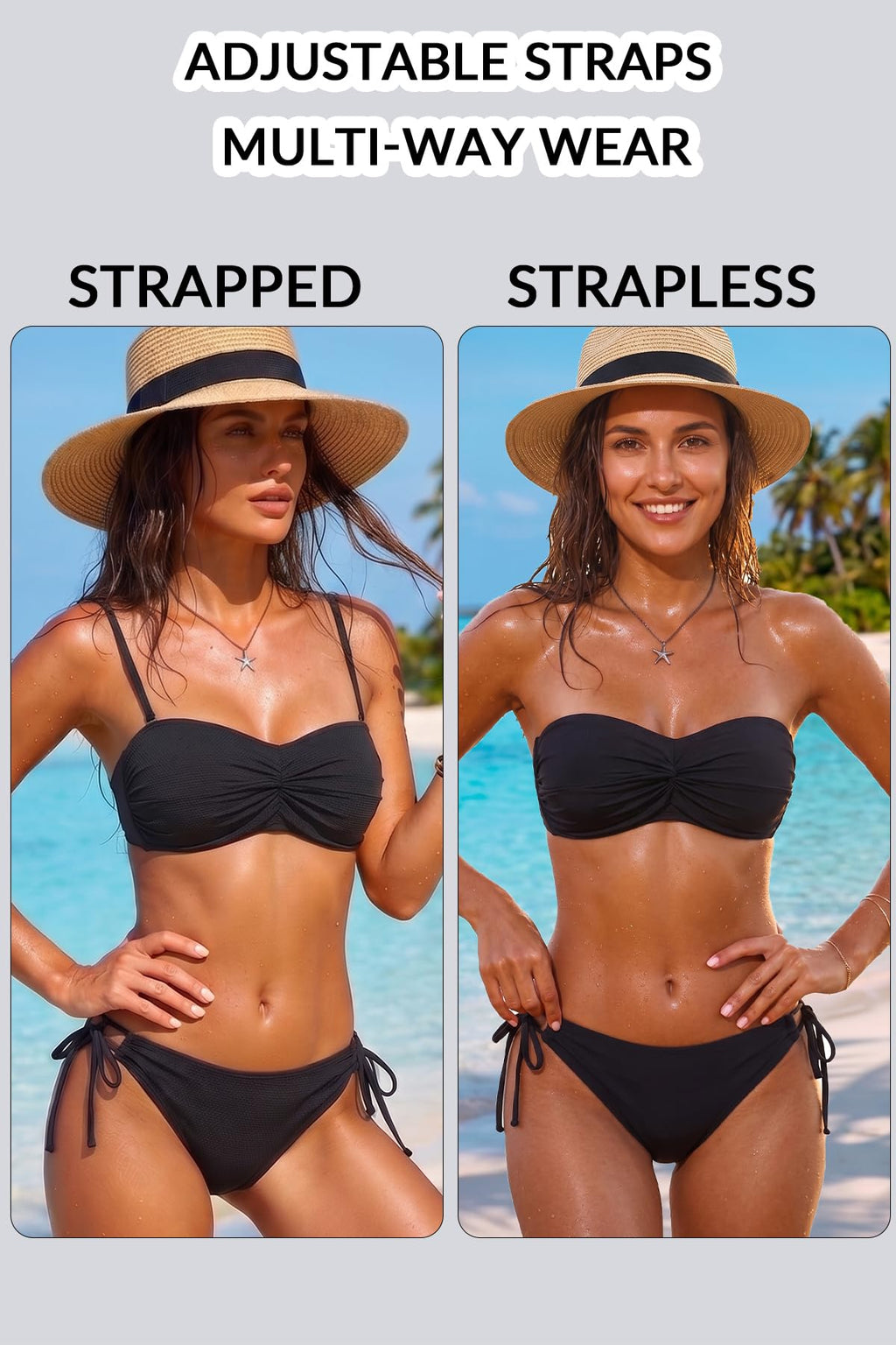Yonique Women Strapless Bandeau Bikini Set - Tie Side Bathing Suit Full Coverage Swimsuit 2026 Tube Two Piece Swimwear Black M