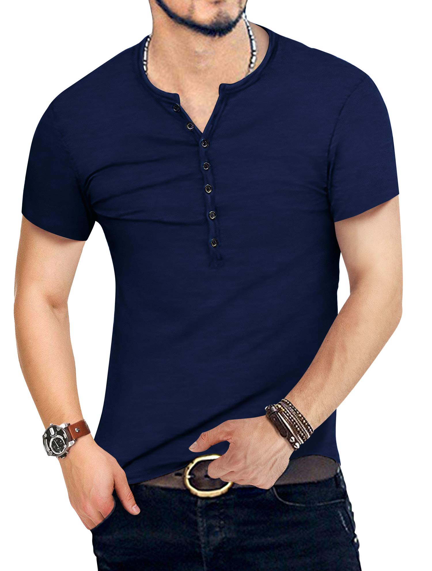 YTD Mens Casual Slim Fit Basic Henley Short Sleeve Fashion Summer T-Shirt M Navy