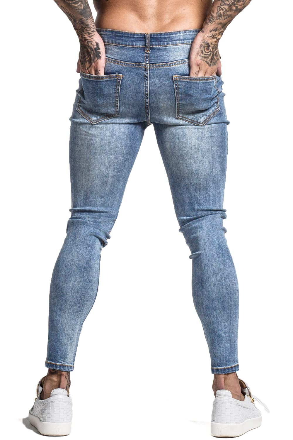 GINGTTO Skinny Jeans Men Slim Fit Stretch Blue Jeans Tapered Leg Elastic Waist 32
