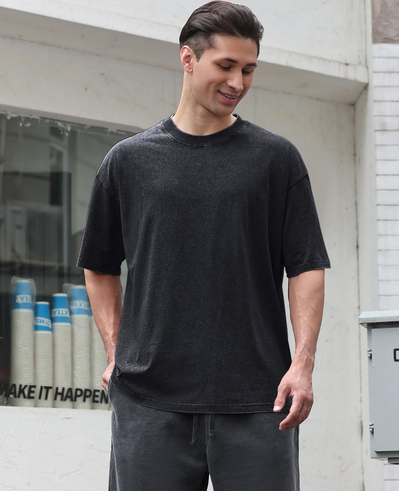 KEEPSHOWING Men's Cotton T-Shirts Oversized Unisex Short Sleeves Casual Loose Wash Solid Basic Tee Tops(A-Black XL)