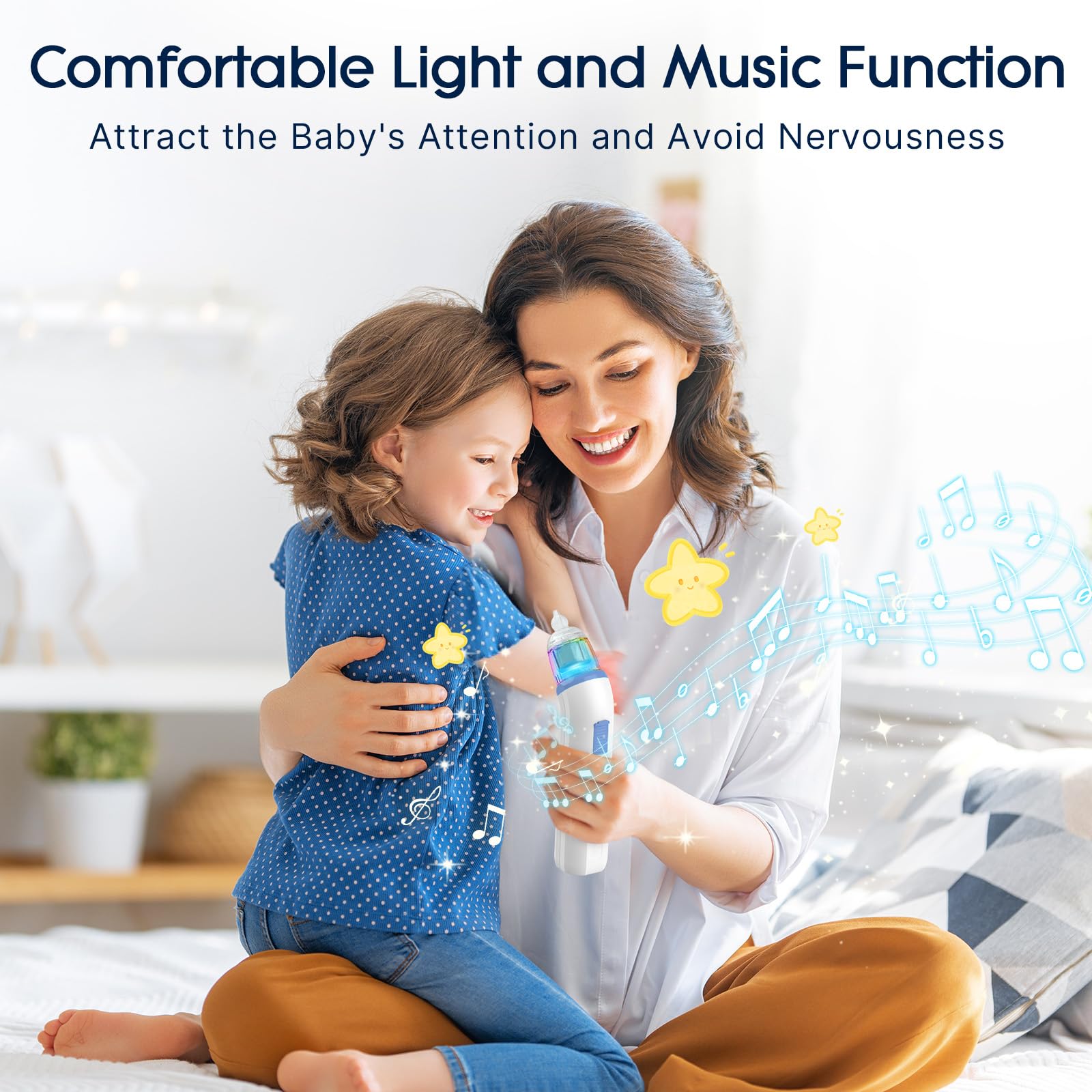 Electric Nasal Aspirator for Baby, Nose Aspirator for Toddlers, Rechargeable Baby Nose Sucker, Nose Cleaner with 3 Silicone Tips, 5 Suction Levels, Music and Light Soothing Function，Blue
