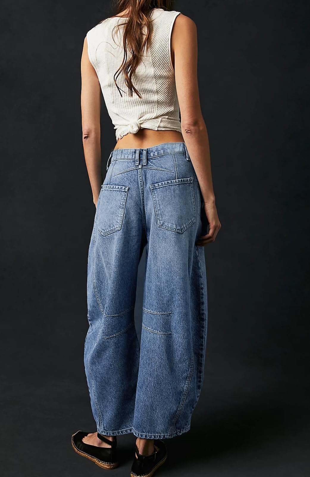 Womens Stretchy Mid Rise Barrel Jeans Vintage Loose Wide Leg Cropped Denim Pants Y2k Baggy Boyfriend Jeans (Large,Blue)