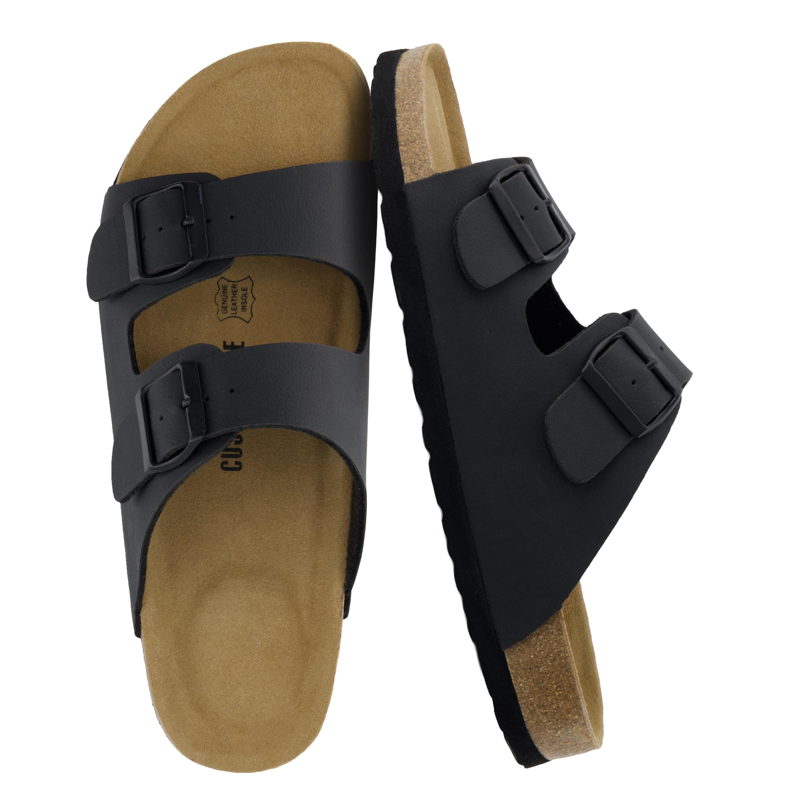 CUSHIONAIRE Lane Cork Footbed Mens Sandals, Adjustable Buckle Comfort Slides for Men, Genuine Leather Insole Summer Sandals Men Footwear, BLACK 10