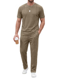 JMIERR Men's 2 Piece Crewneck Short Sleeve Shirts and Loose Pants Casual Summer Beach Vacation Cruise Outfits for Men,M,Khaki
