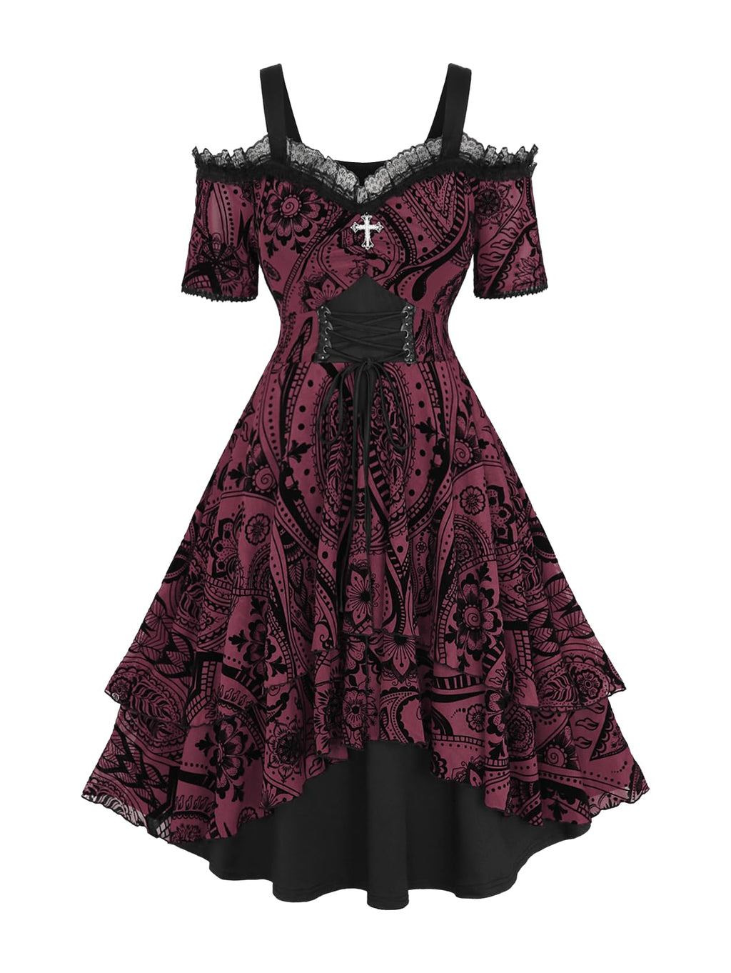 ROSE GAL Plus Size Gothic Lace Up Cross Flocking Floral Mesh Panel Layered Ruffles Cold Shoulder A Line Knee Length Flowy Dress(Red/L)