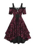 ROSE GAL Plus Size Gothic Lace Up Cross Flocking Floral Mesh Panel Layered Ruffles Cold Shoulder A Line Knee Length Flowy Dress(Red/L)