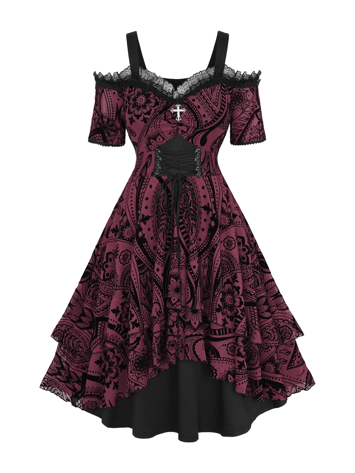 ROSE GAL Plus Size Gothic Lace Up Cross Flocking Floral Mesh Panel Layered Ruffles Cold Shoulder A Line Knee Length Flowy Dress(Red/L)