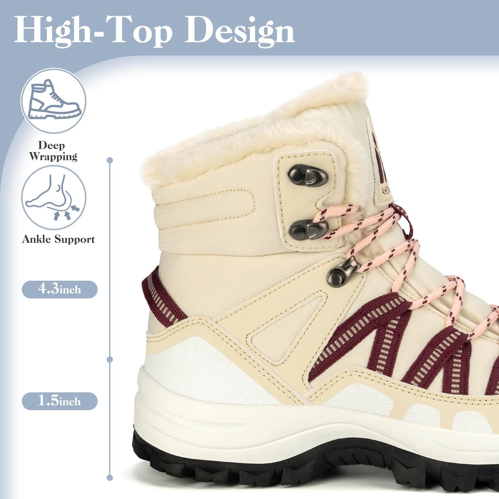 Mishansha Women's Winter Snow Boots Water-Resistant Warm Fur Lined Ankle Hiking Boot Non-Slip Outdoor Cold Weather Shoes Beige Size 8