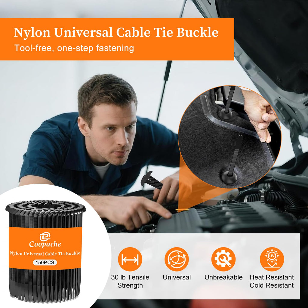 Coopache Nylon Universal Cable Tie Buckle for Car Heavy Duty, Upgraded Automotive Zipper Clips, Fender Zip Ties Fasteners, Top Movable Dome (Black 50 PCS)
