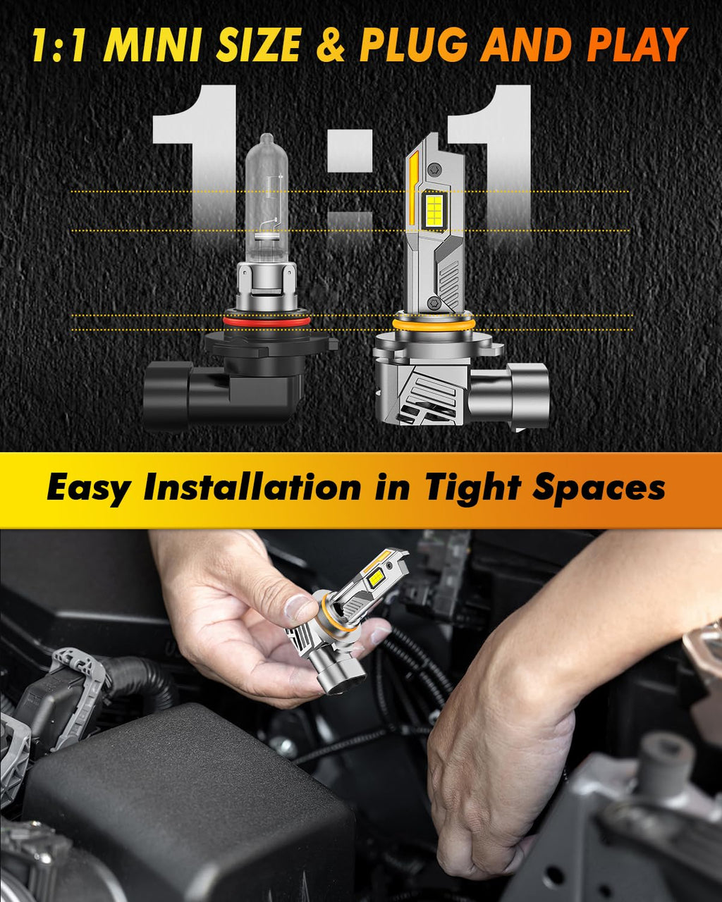 Termitor Upgraded & Brightest 9005/HB3 Light Bulbs, 50,000LM 10X Ultra Brightness, 1:1 Mini Size, 6500K Cool White Fog Light with Cooling Fan, Plug and Play, Pack of 2
