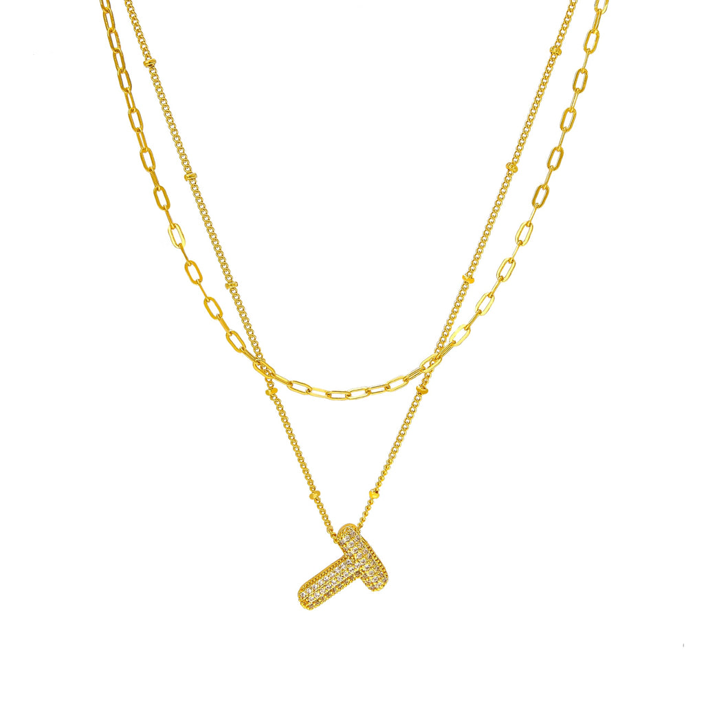Tasunom Double Layer Initial Necklace, 14K Gold Plated, CZ Crystal Letter Pendant, A-Z Available (T, gold)