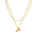 Tasunom Double Layer Initial Necklace, 14K Gold Plated, CZ Crystal Letter Pendant, A-Z Available (T, gold)