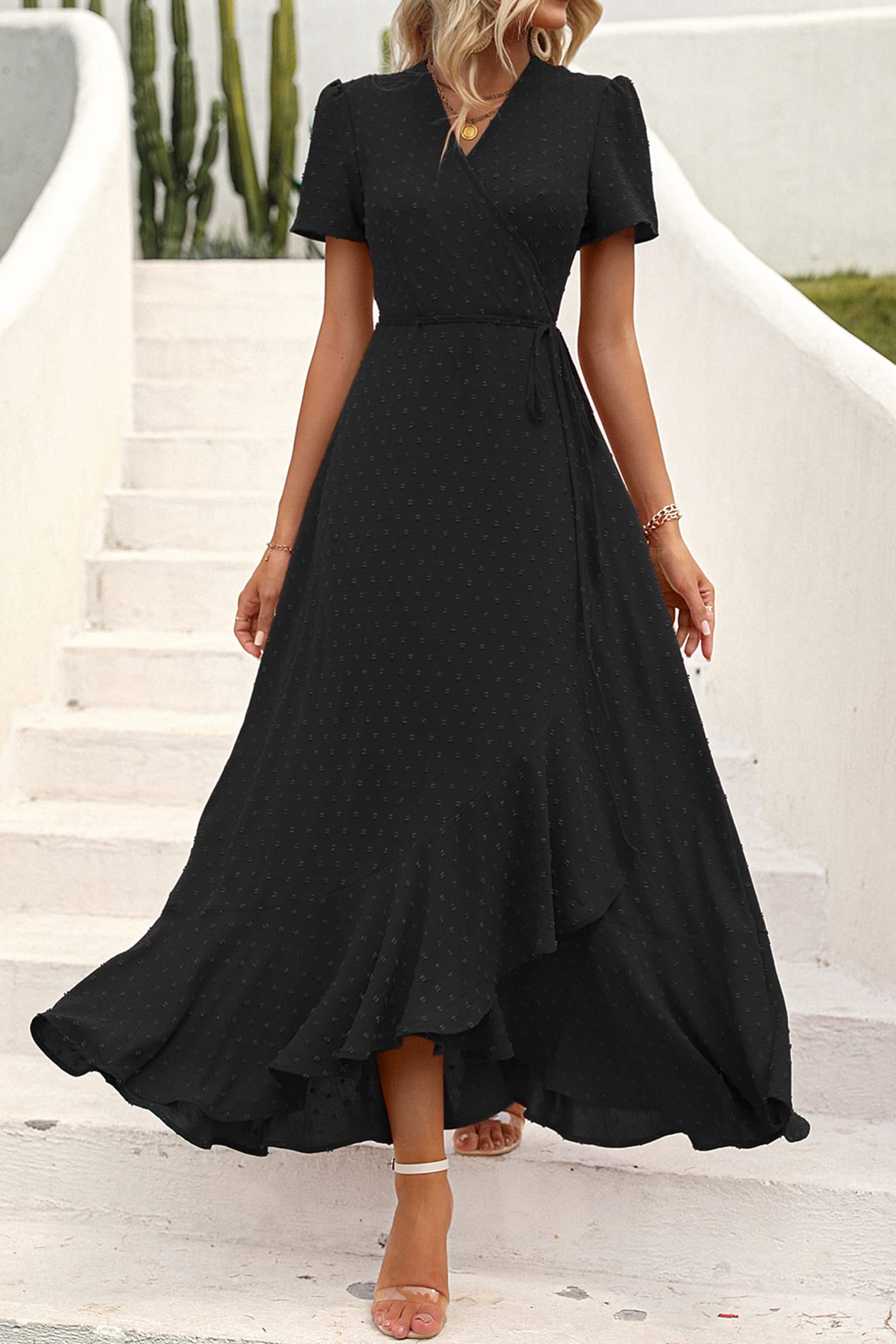 PRETTYGARDEN Women's Summer Wrap Maxi Dress Casual Boho Floral V Neck Short Sleeve Ruffle Hem Split Beach Long Dresses (Z_Black,XX-Large)