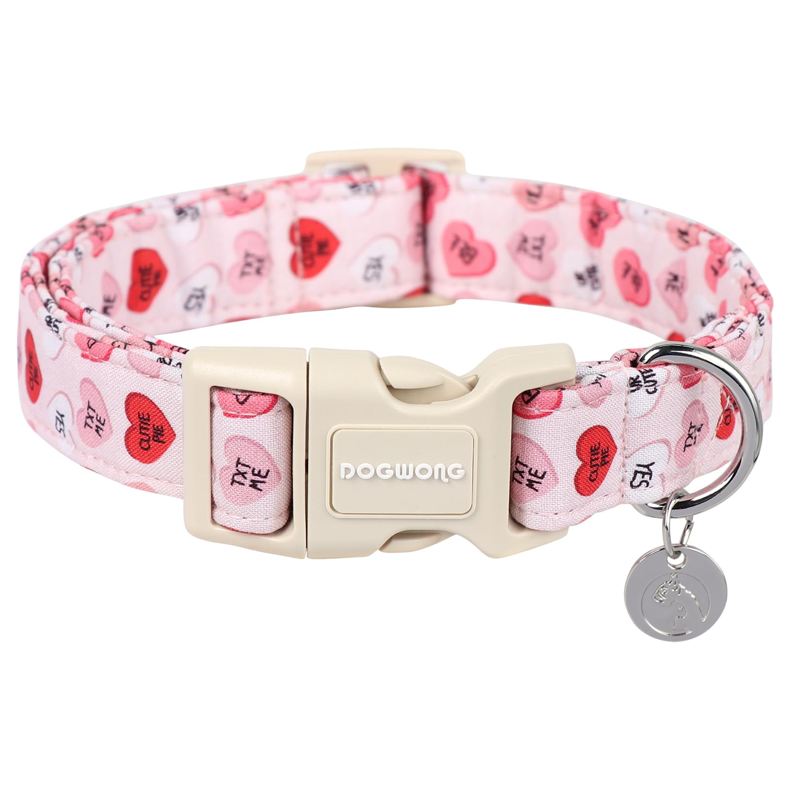 DOGWONG Valentine's Dog Collar, Adjustable Durable Pink Heart Dog Collar Cute Girl Dog Collar for Small Medium Dogs