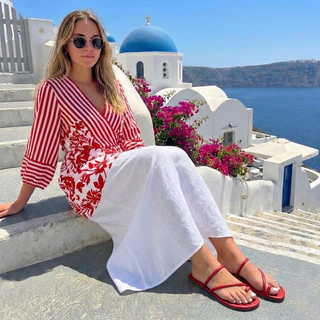CUSHIONAIRE Resort Strappy Sandals for Women, Vegan Leather Memory Foam Flat Women's Sandals with Toe Ring, RED 11