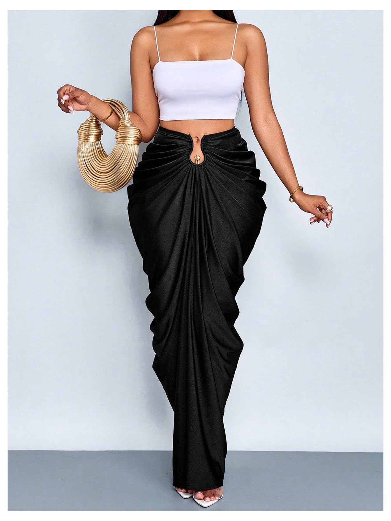 WDIRARA Women's Ruched Bodycon Maxi Skirt Cocktail Party High Waisted Long Fishtail Skirts Black Medium