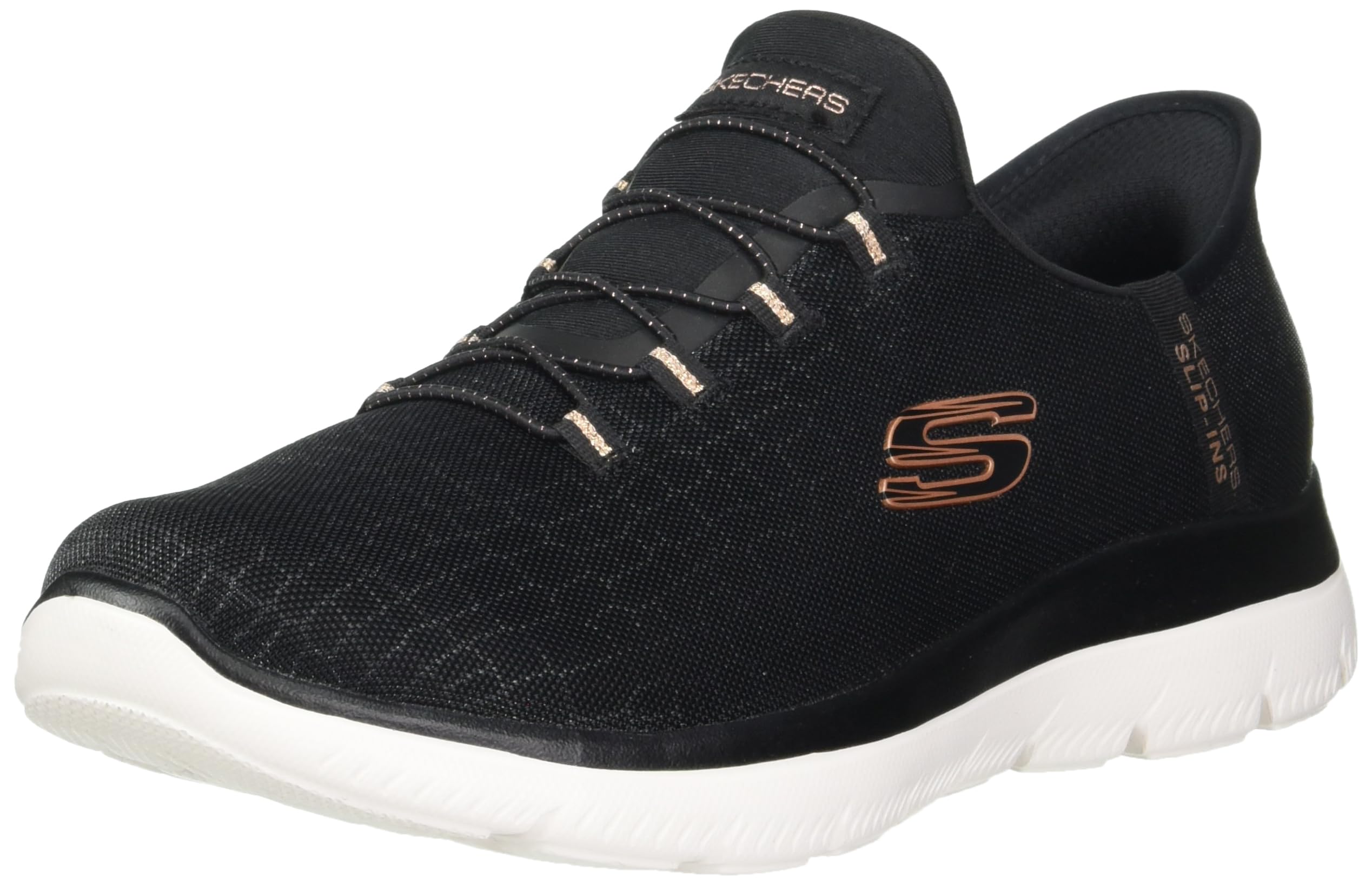 Skechers Women's Hands Free Slip-ins Summits Classy Night Sneaker, Black Rose Gold, 7