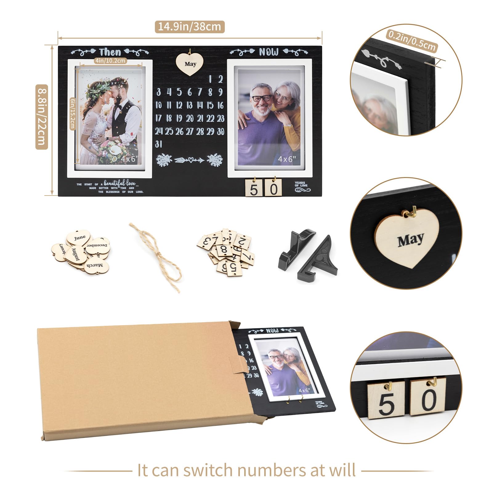 DIY Anniversary Wooden Picture Frame — Then and Now Commemorative Gift Features Changable Wooden Month and Number Plates Wedding Anniversary Frame Retro Vintage Photo Frame Holds Two 4x6-inch photos