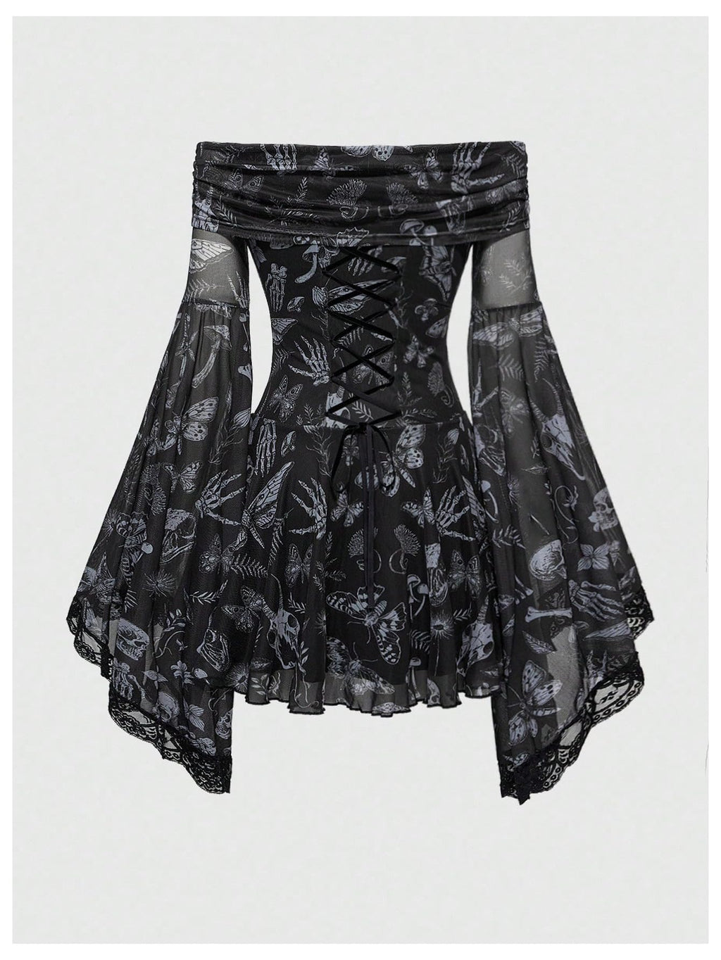 WDIRARA Women's Gothic Print Ruffle Off the Shoulder Dress Long Bell Sleeve Mesh Short Dresses Light Black X-Large