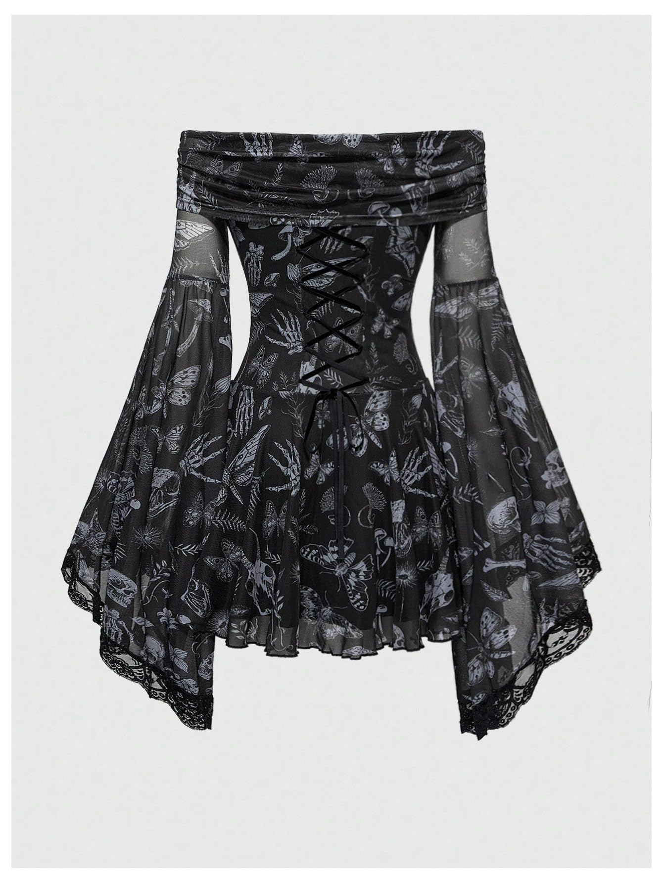 WDIRARA Women's Gothic Print Ruffle Off the Shoulder Dress Long Bell Sleeve Mesh Short Dresses Light Black X-Large