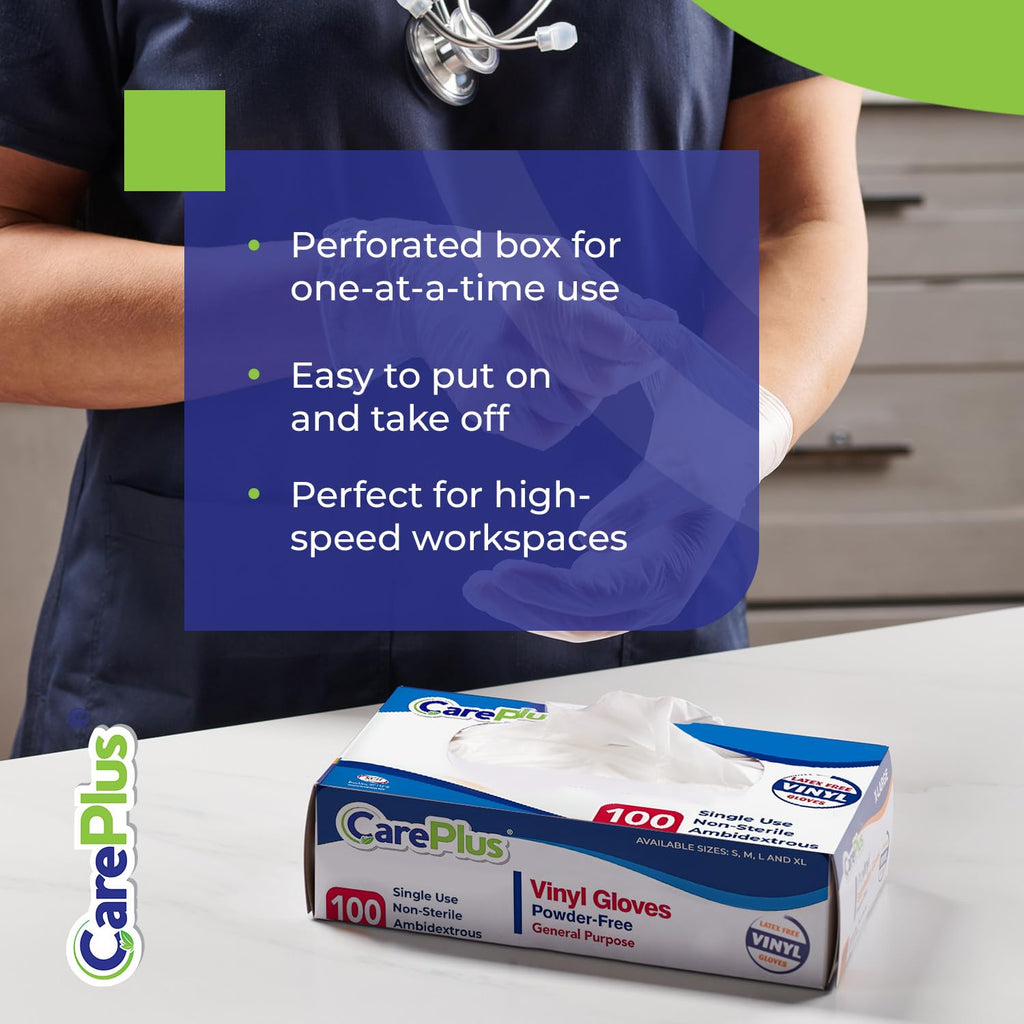 CARE PLUS Latex-Free Vinyl Gloves Clear Medium Size 100 Count | Heavy Duty, Non-Sterile, Powder-Free, Rubber | Food Prep, Kitchen & Cleaning Gloves, Ideal for Professional Use