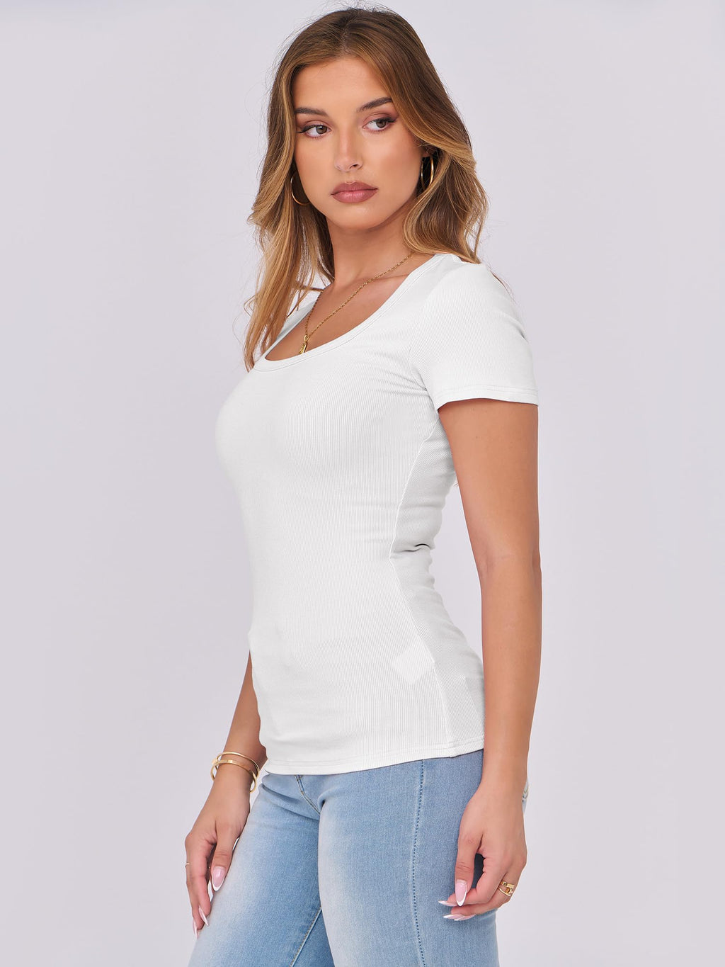 ANRABESS Women Short Sleeve Tops Scoop Neck Ribbed Knit Slim Fitted Basic Tee Shirt Casual Summer Clothes 2026 Spring Outfits White Large