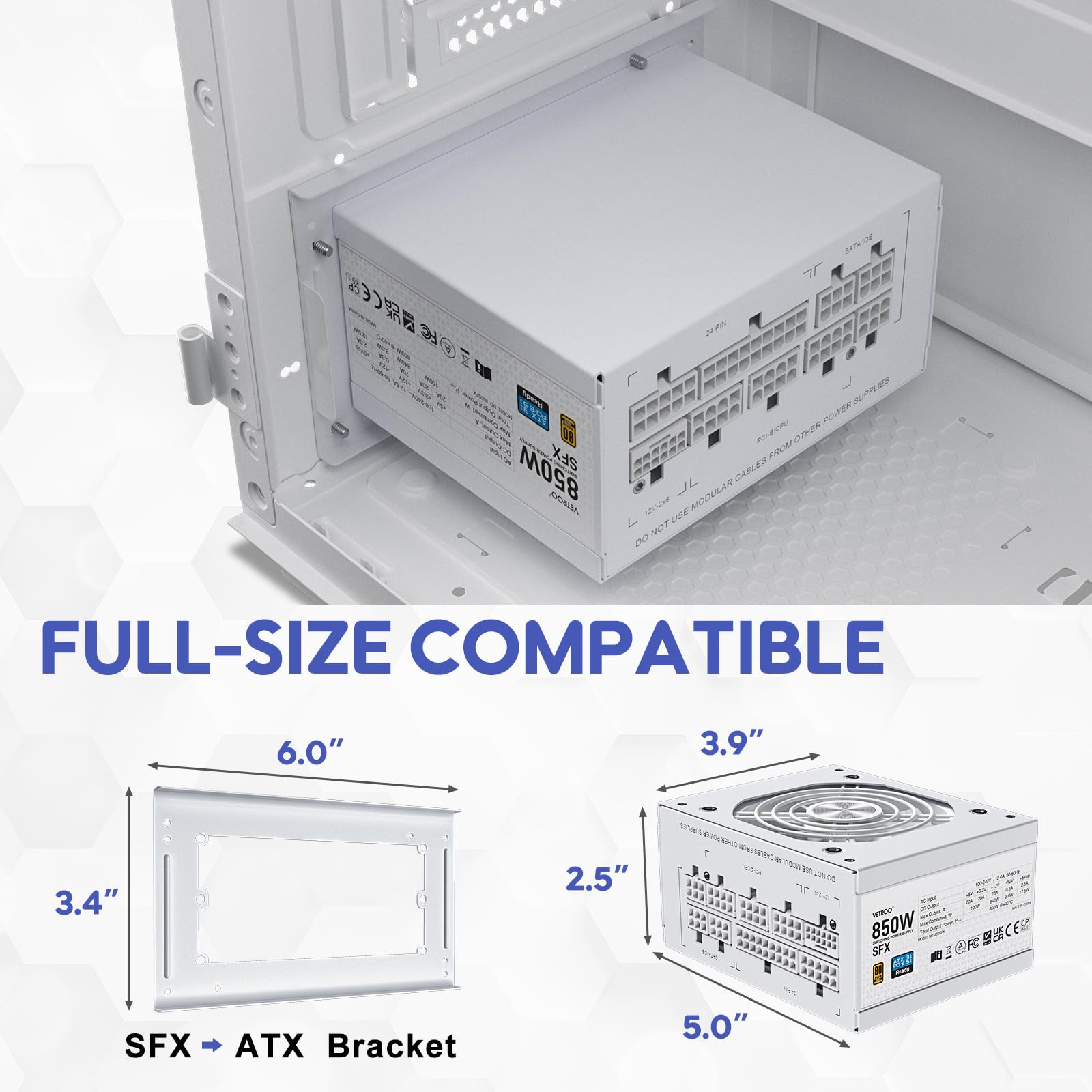 Vetroo 850W SFX Power Supply ATX 3.1 & PCIE 5.1 Ready, 80 Plus Gold Certificate Fully Modular, 90mm FDB Fan for Low-Noise Operation, SFX-to-ATX Bracket, 10-Year Warranty - White