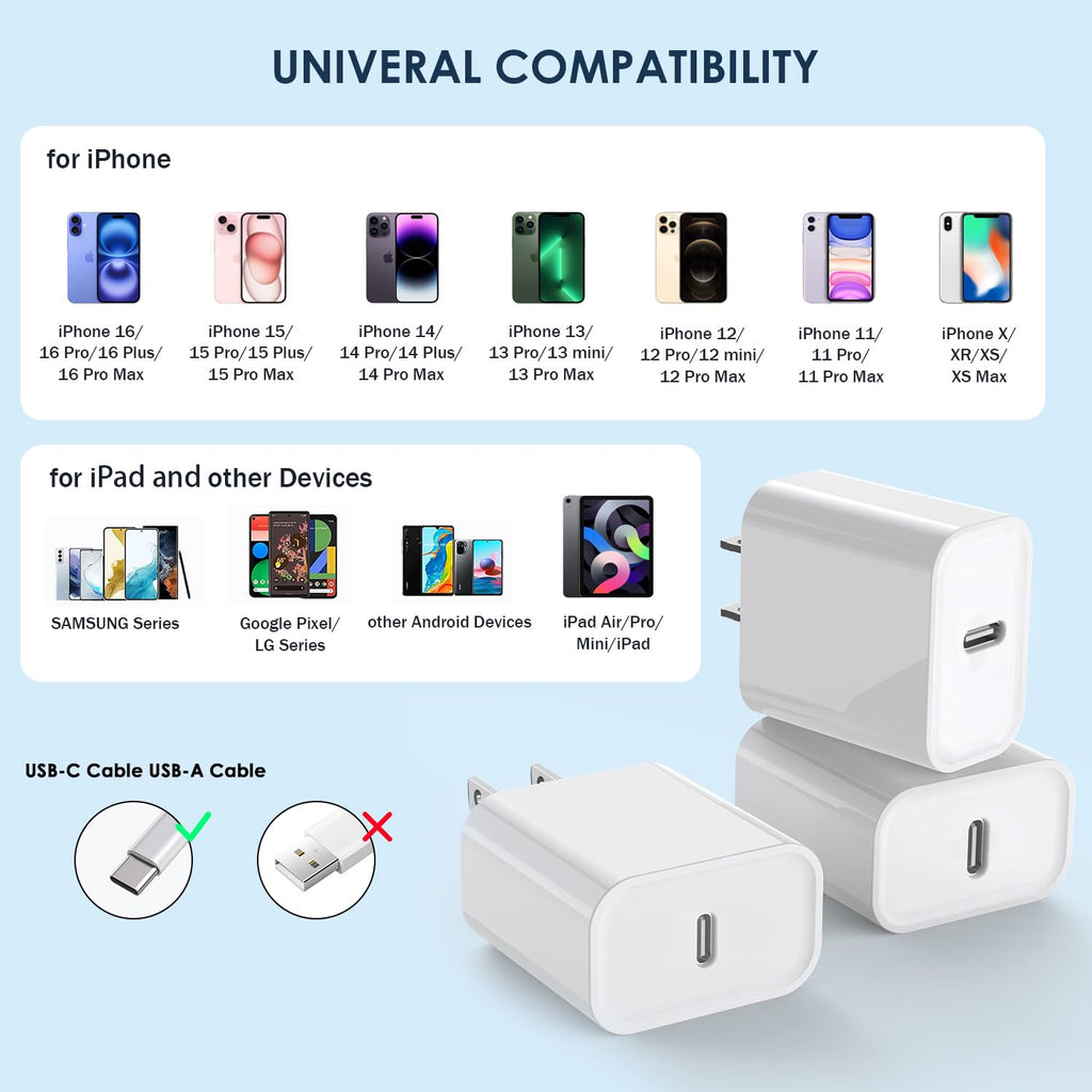 iPhone 17/16 Charger Block,【3Pack】20W USB C Wall Charger Block Fast Charging Blocks Plug Bricks PD Type C Adapter for Apple iPhone Air/17 Pro Max/16 ProMax/16Plus/15/14/13/12/AirPods/iPad Pro/Air/Mini
