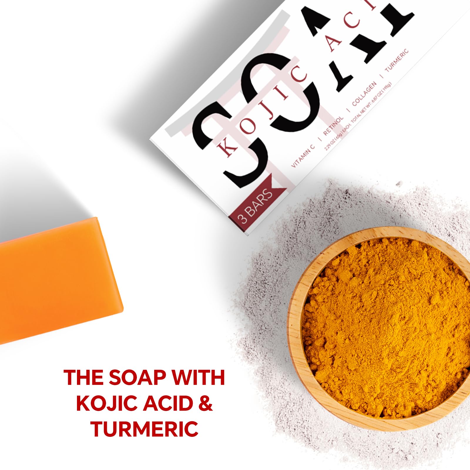 ORIENTLEAF Kojic Acid Soap, Turmeric Soap Bar for Dark Spots, Fresh Citrus Scent, Gentle for Face and Body Wash with Vitamin C, Shea Butter, Retinol, Stocking Stuffers, Christmas Gifts(3 PACK)