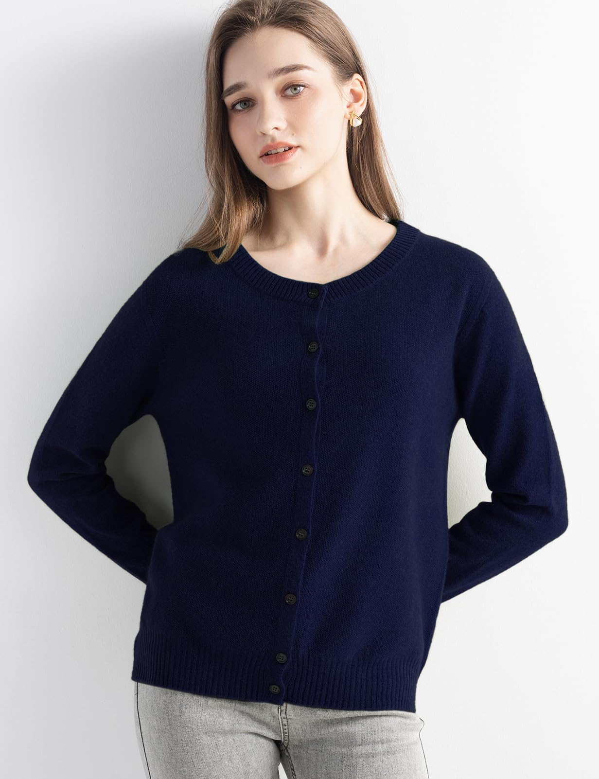 Chanyarn Women's 100% Pure Cashmere Cardigan Crew Neck Long Sleeve 2025 Fall Winter Warm Soft Knit Cardigan Sweater (Navy Blue,M)