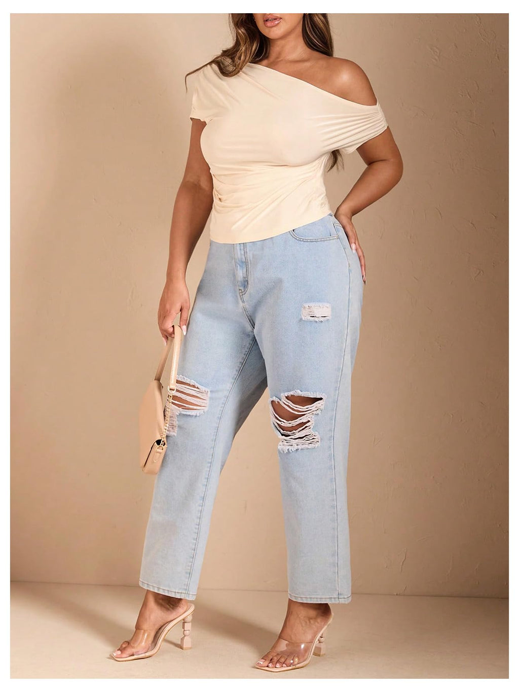 WDIRARA Women's Plus Size Off Shoulder Tee Shirt Ruched Asymmetrical Short Sleeve Tops Apricot X-Large Plus