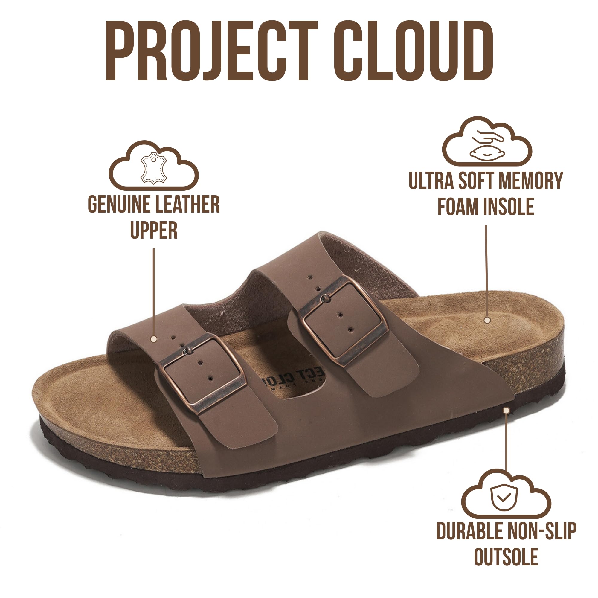 Project Cloud 100% Genuine Leather Flat Sandals For Women 2026 Cork Footbed Womens Sandals with Memory Foam and arch support Vacation Essentials Slides for Women Footwear (Venita, Tan, 5.5)
