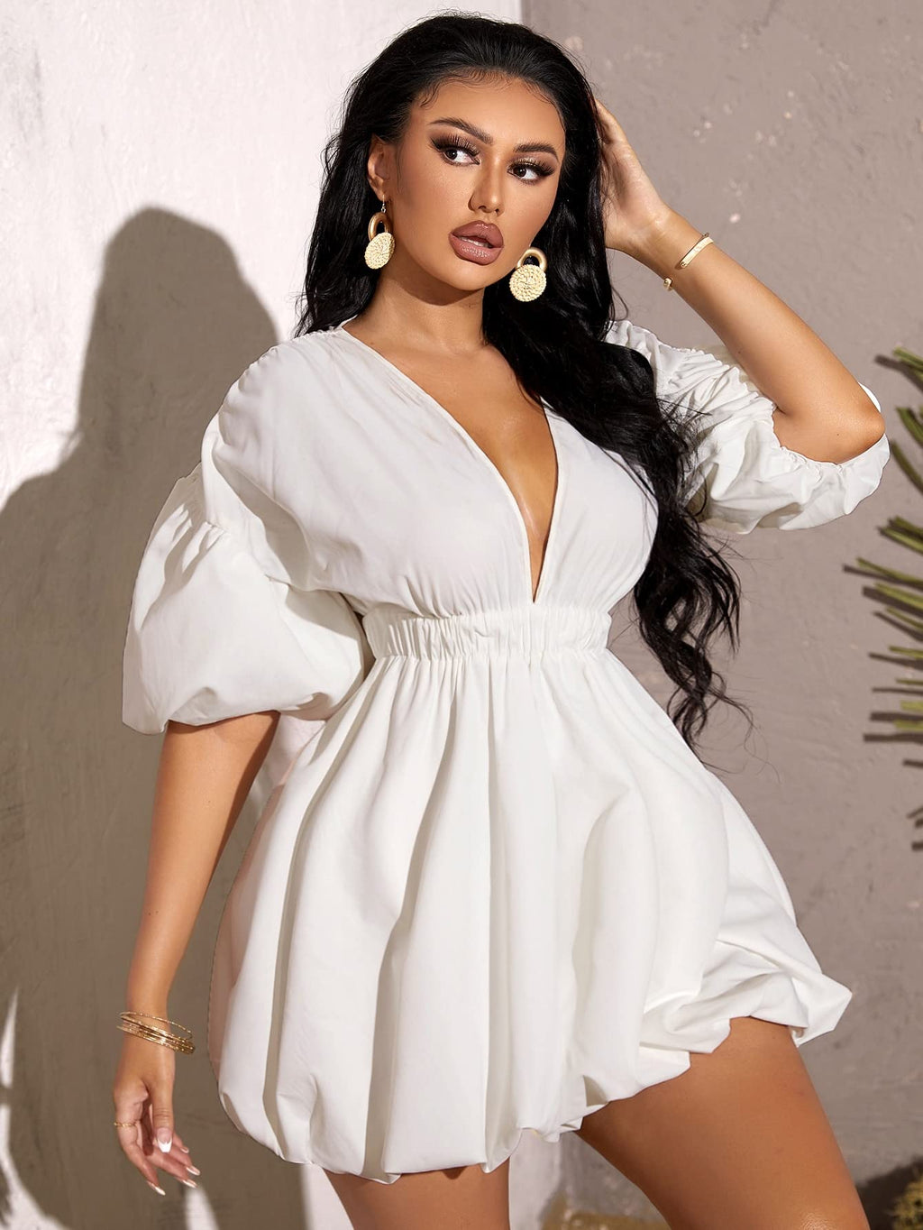 WDIRARA Women's Deep V Neck Puff Sleeve High Rise Flare Dress Elastic Waist Dress White Large