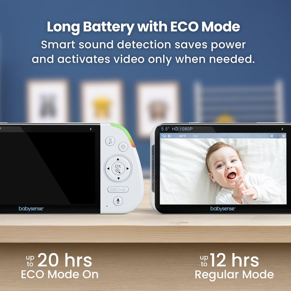 Babysense Full HD 5.5" Split Screen Baby Monitor with 2 Cameras, 6-Color Night Light, White Noise, Sound & Light Machine, 20-Hour Battery, Hack-Proof Non-WiFi Secure Connection