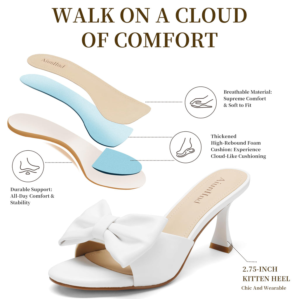 Women's Kitten Heels - Bow Round Open Toe Slip On Sandals 2 3/4-Inch Comfortable Low Heels, Perfect for Wedding, Dates, Casual, Office & Summer Parties (White, US Footwear Size System, Adult, Women, Numeric, Medium, 8)