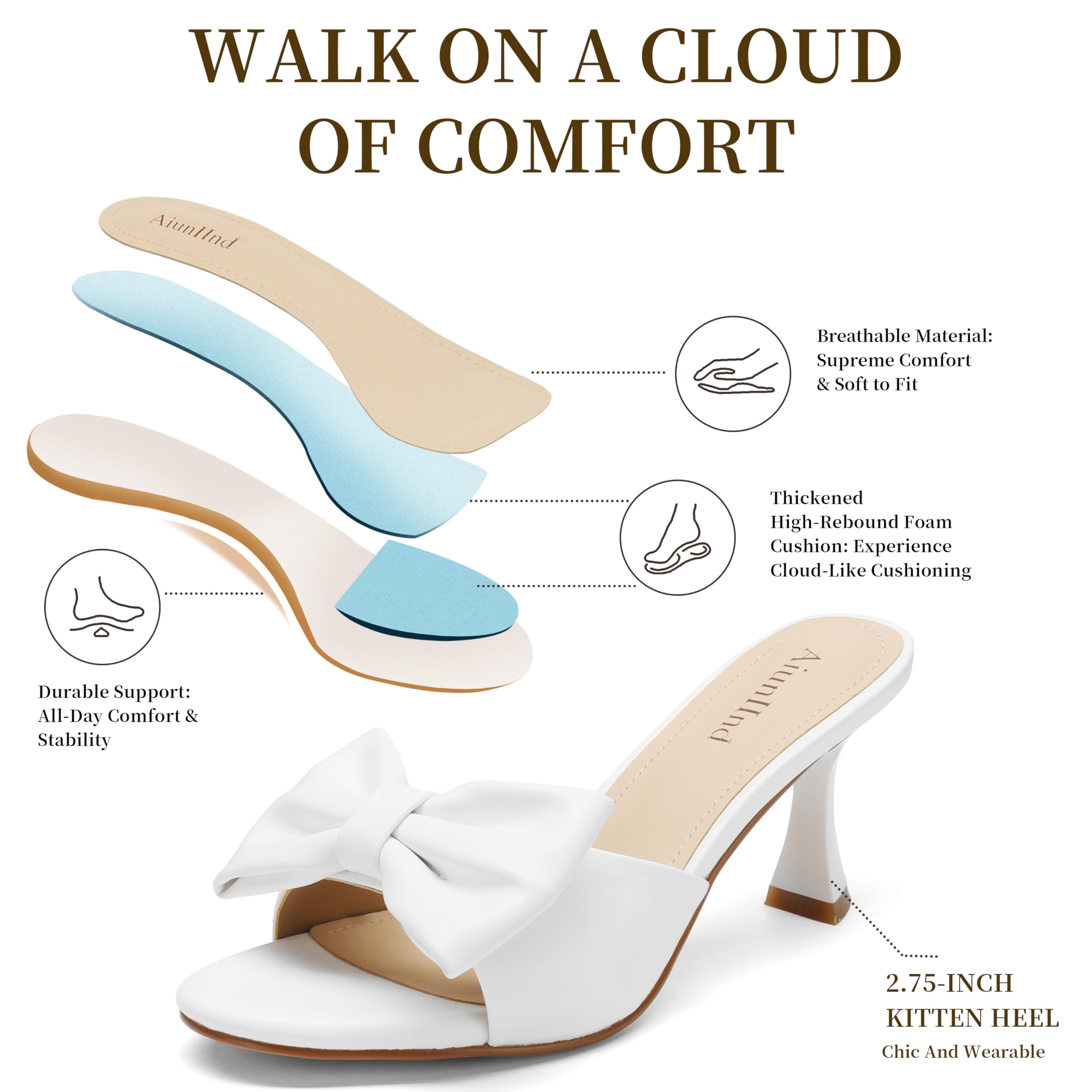 Women's Kitten Heels - Bow Round Open Toe Slip On Sandals 2 3/4-Inch Comfortable Low Heels, Perfect for Wedding, Dates, Casual, Office & Summer Parties (White, US Footwear Size System, Adult, Women, Numeric, Medium, 8)