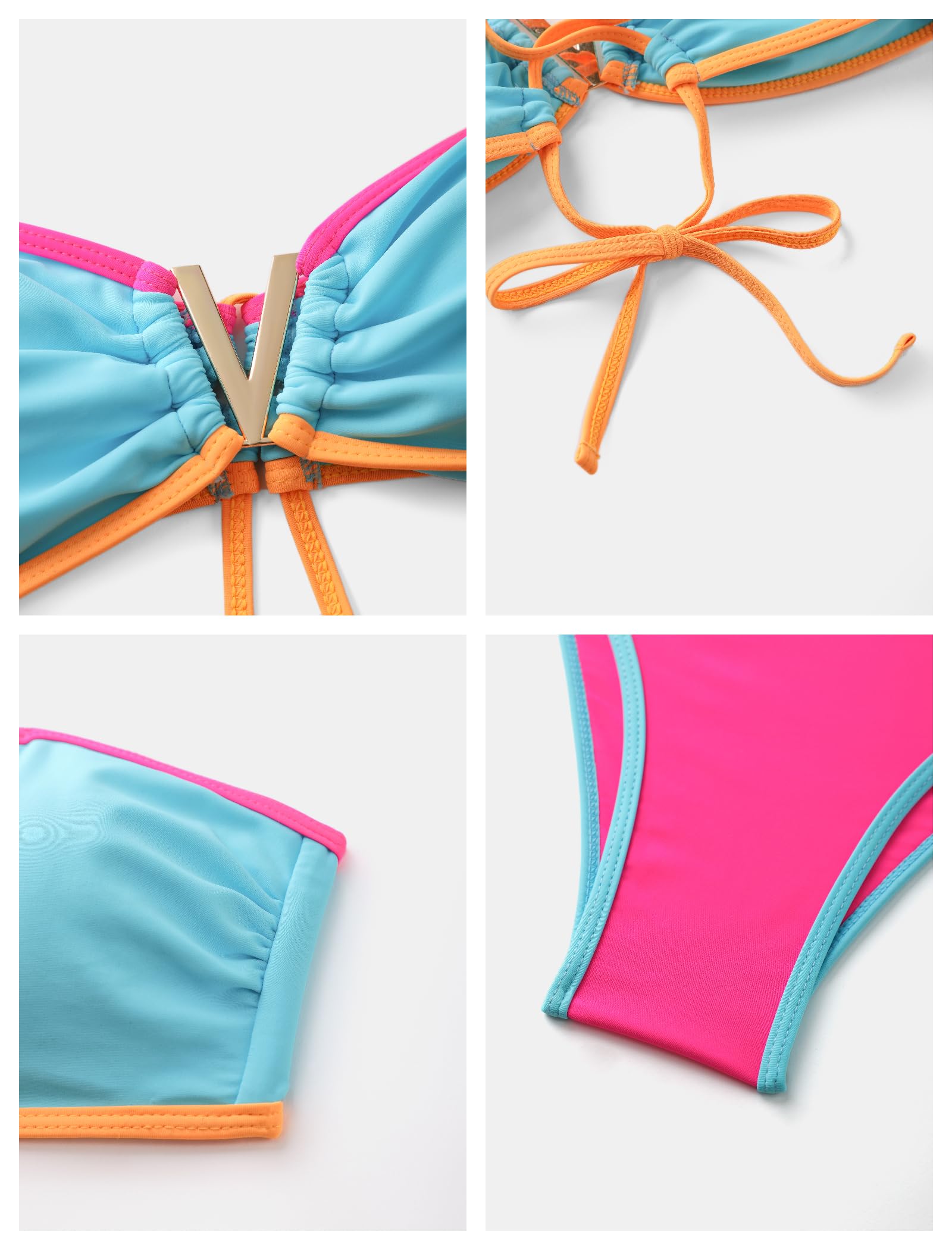 ZAFUL Women's Bandeau Bikini V Strapless Confetti Colorblock Tie Back High Cut Two Piece Swimsuit Bathing Suits (1-Rose Red, M)