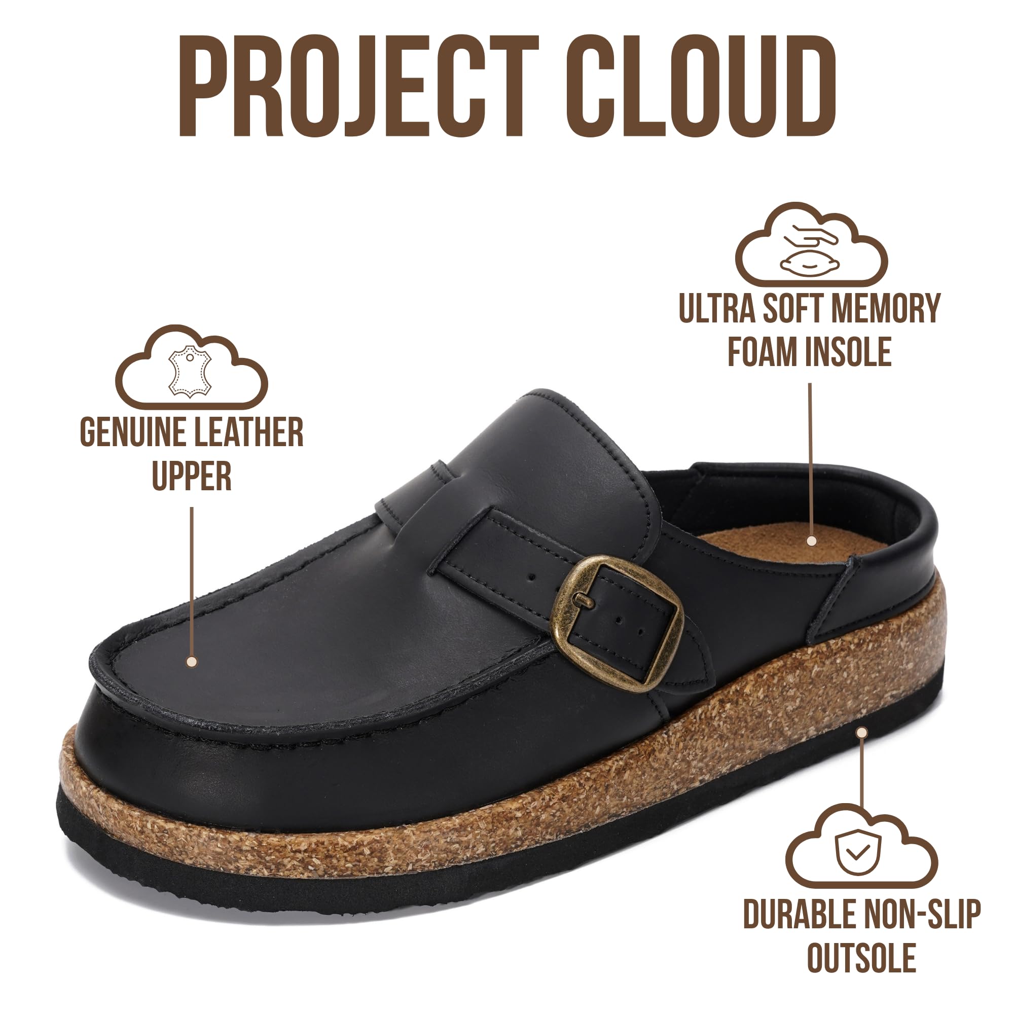 Project Cloud 100% Genuine Leather Moccasin-Style Clogs for Women - Memory Foam and Water Resistant Mules Slip-on - Non-Slip and Durable Clogs Casual Shoes for Women Footwear (Carline, BLKDIS,8.5)