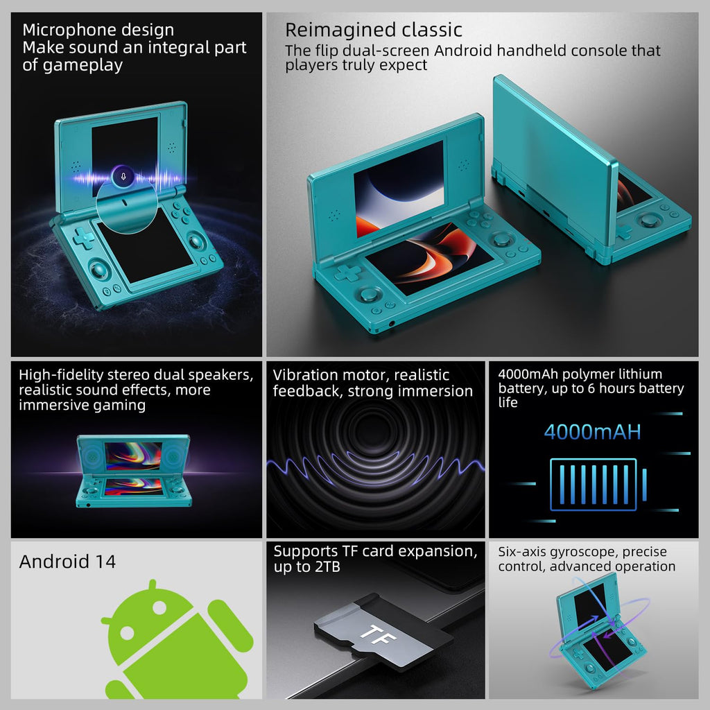 Aivuidbs RG DS Foldable Handheld Game Console RK3568 Anbernic RG DS Android 14 System two-Player Joystick Top and Bottom Dual Screen 4 inch OCA Full Touch Screen 4000mAh 3 + 32gb (RG DS-Turquoise Blue-new)
