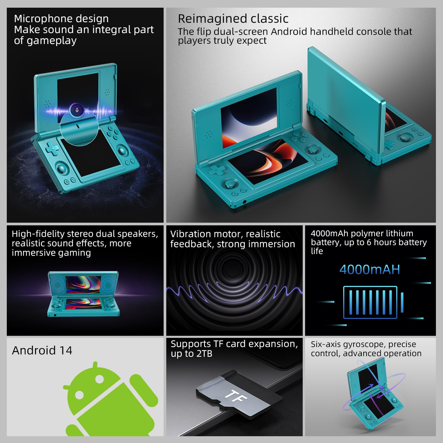 Aivuidbs RG DS Foldable Handheld Game Console RK3568 Anbernic RG DS Android 14 System two-Player Joystick Top and Bottom Dual Screen 4 inch OCA Full Touch Screen 4000mAh 3 + 32gb (RG DS-Turquoise Blue-new)