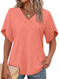 WIHOLL Plus Size Spring Break Essentials Summer Tops Short Sleeve Shirts V Neck Flowy Tops and Blouses Dressy Casual Fahion Clothing Coral XXL