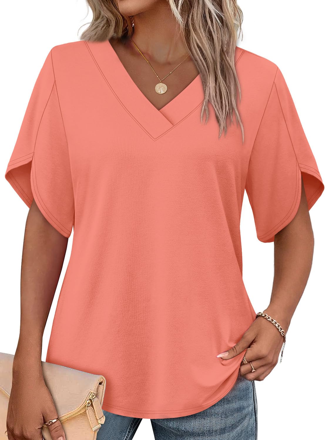 WIHOLL Plus Size Spring Break Essentials Summer Tops Short Sleeve Shirts V Neck Flowy Tops and Blouses Dressy Casual Fahion Clothing Coral XXL
