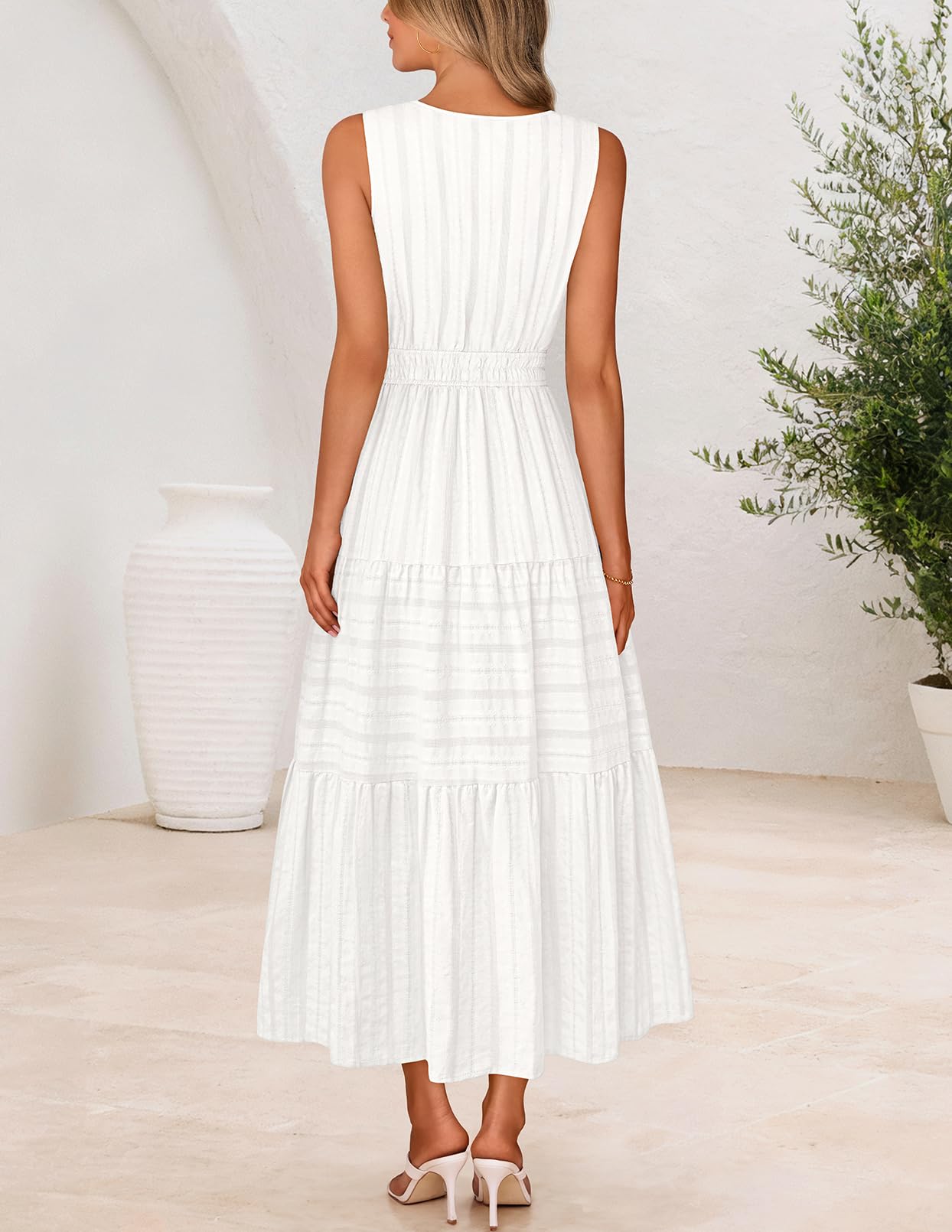 MEROKEETY Summer Spring Midi Maxi Dress for Women 2026 Casual Beach Vacation Sleeveless Boho V Neck Cotton Long Dresses Pockets, White, Small