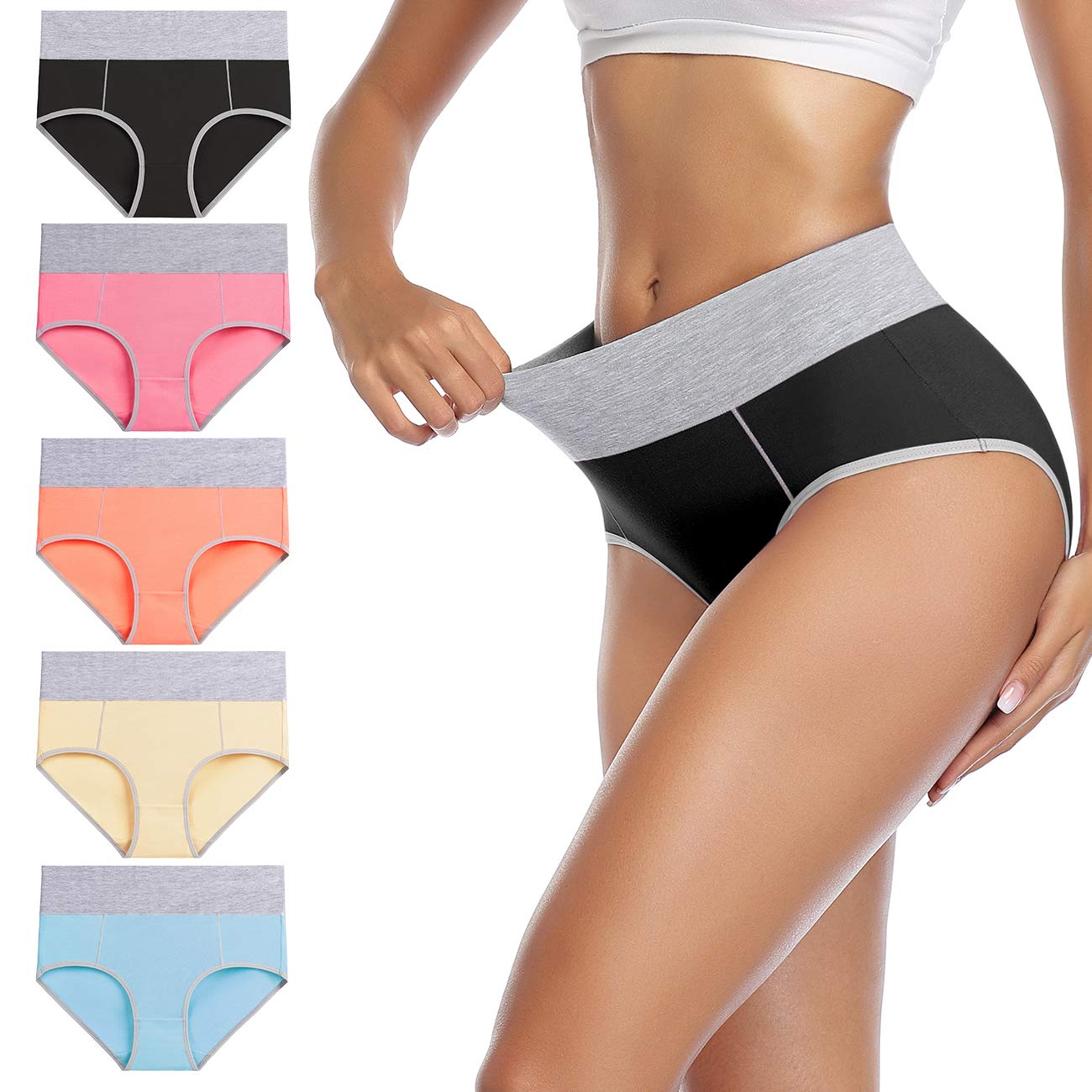 wirarpa Women's Cotton Underwear High Waist Briefs Ladies Soft Breathable Panties Full Coverage Underpants 5 Pack Small
