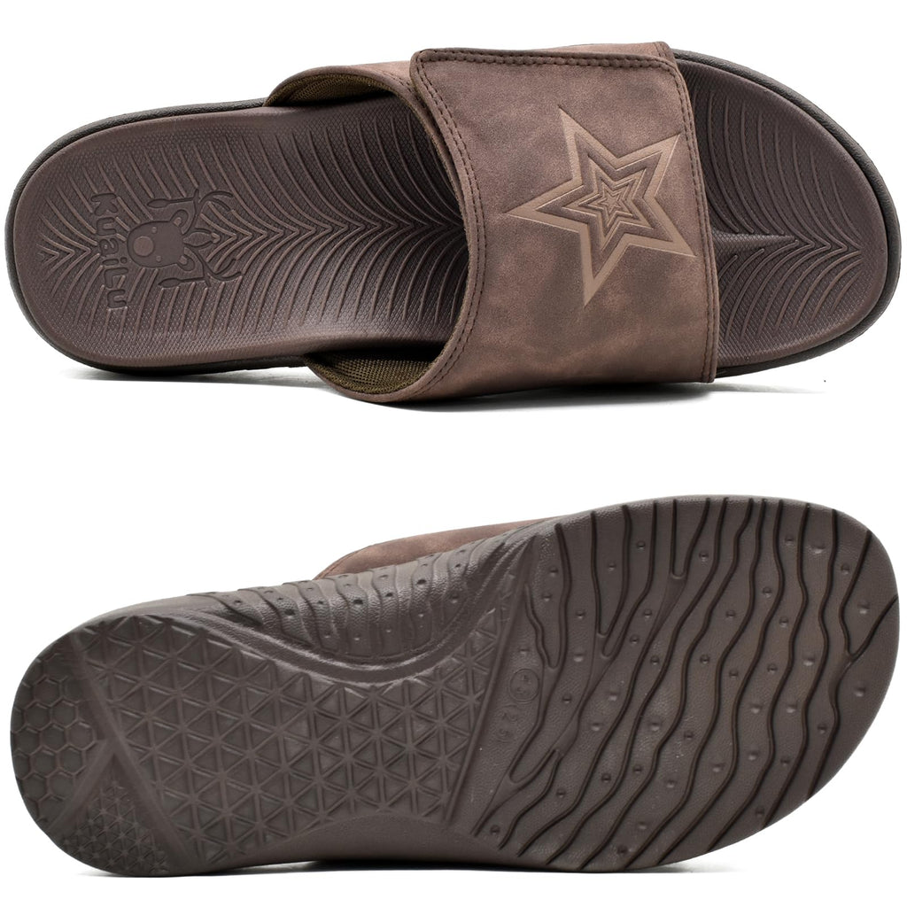 KuaiLu Mens Slides Soft Cushion Sport Sandals with Plantar Fasciitis Arch Support Adjustable Open Toe Summer Slippers Slip on Indoor Outdoor Sandalias Para Hombres, Dark Brown Size 8