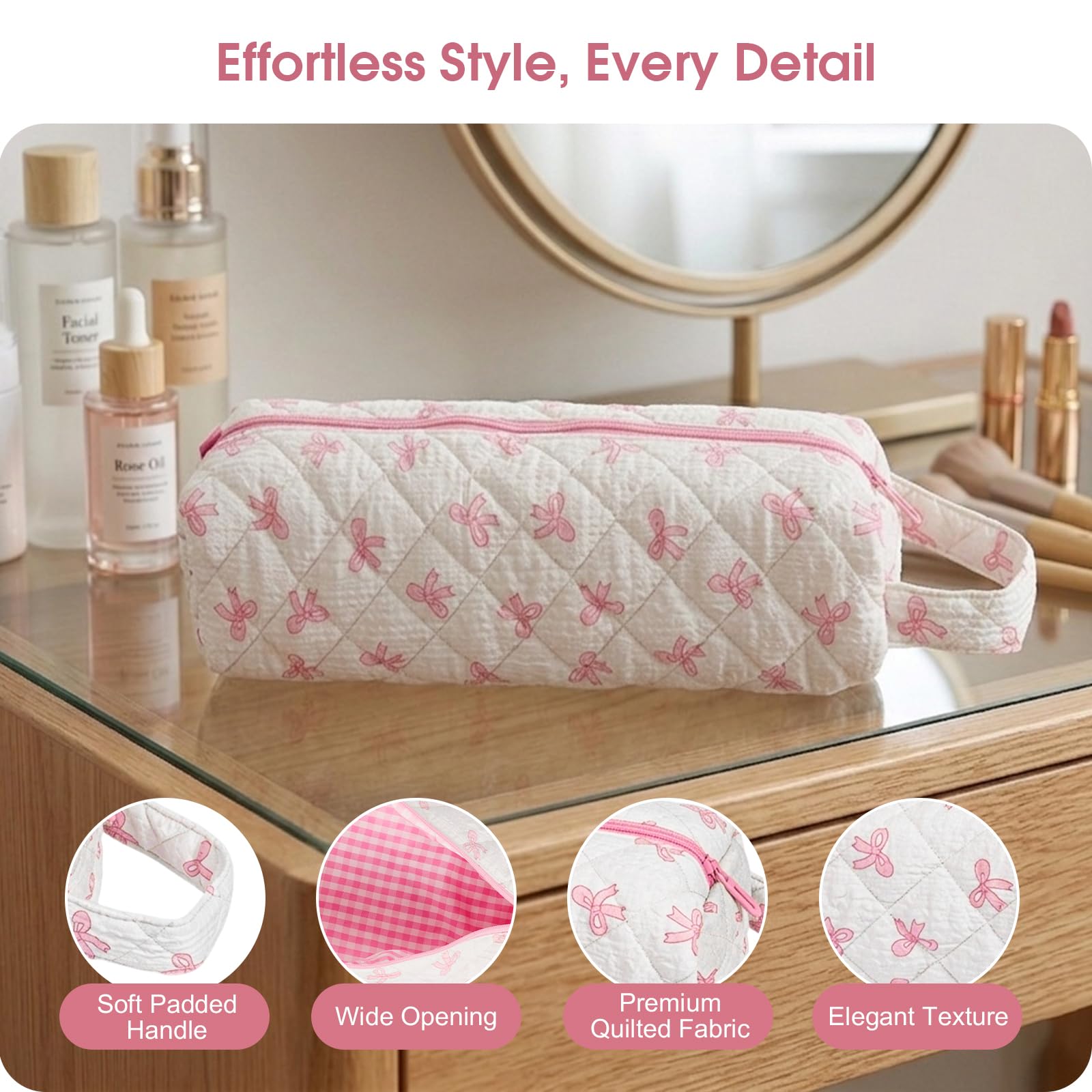 Canumer Hair Tools Organizer Bag with Bow Pattern for Curling Irons, Flat Irons, Hair Dryers and Styling Tools, Portable Pink Travel Case, Haircare Accessories Travel Essentials(14" x 3.1" x 4.9")